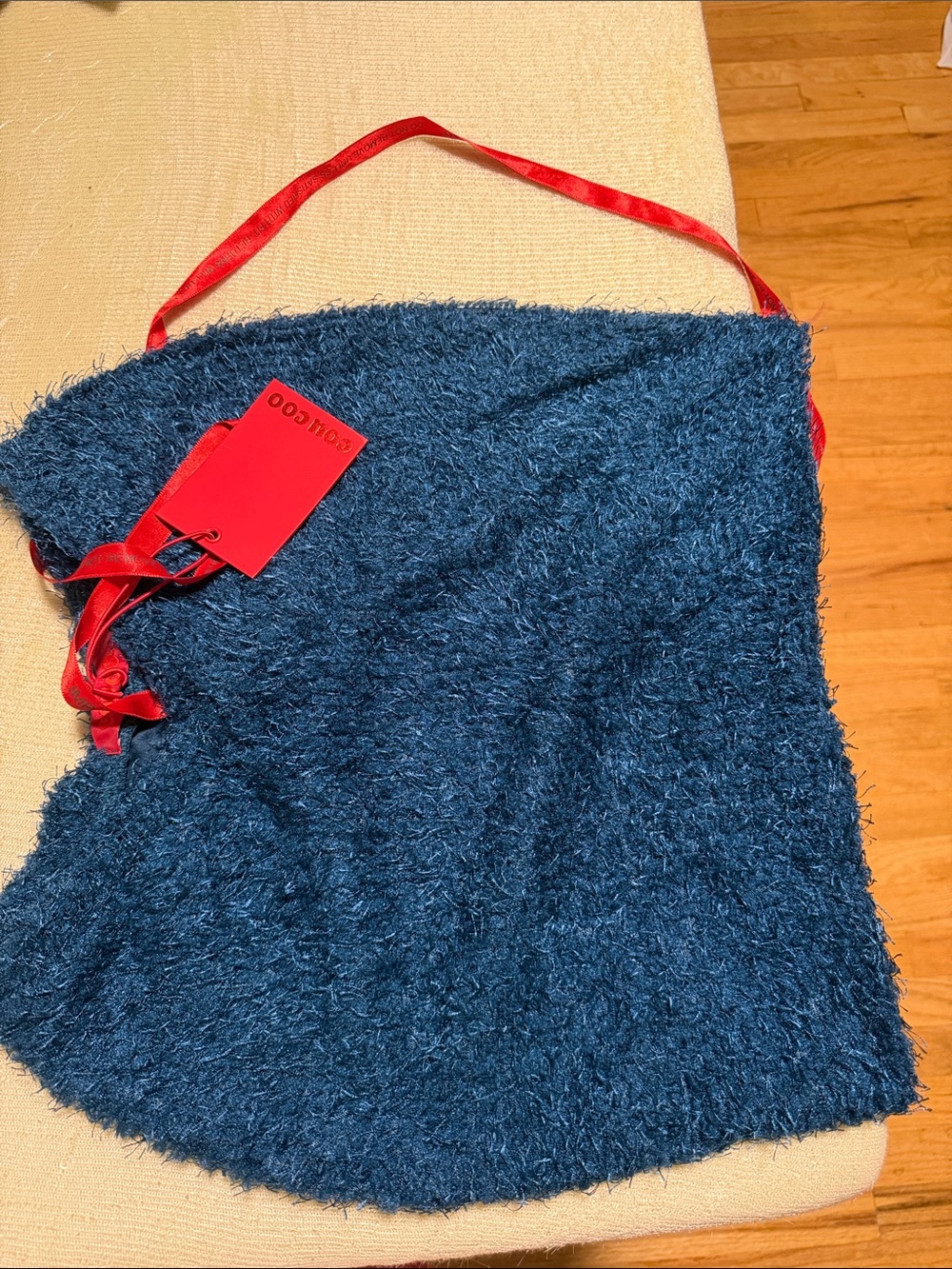 Cozy Textured Blue Shoulder Tote with Red Strap